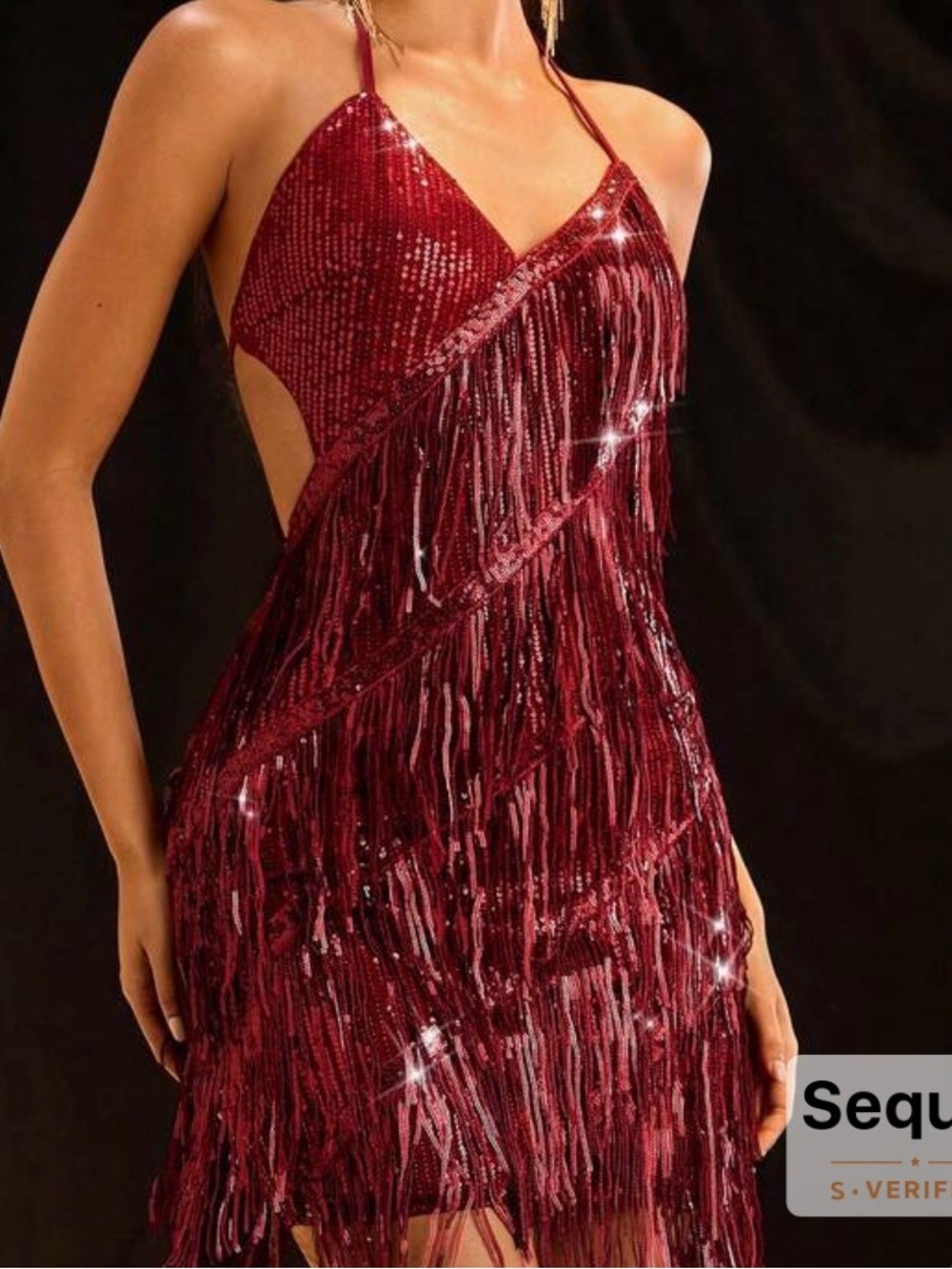 Burgundy Sequin Fringe Halter Cocktail Dress | Backless | Size M (6)